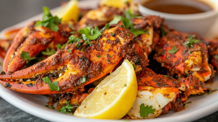 Crab Legs Seasoned with Spices and Served with Lemon Wedges and Dipping Sauce