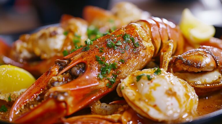 Close-up of a seafood boil with lobster claw, scallops, and lemon wedges, garnished with fresh herbs