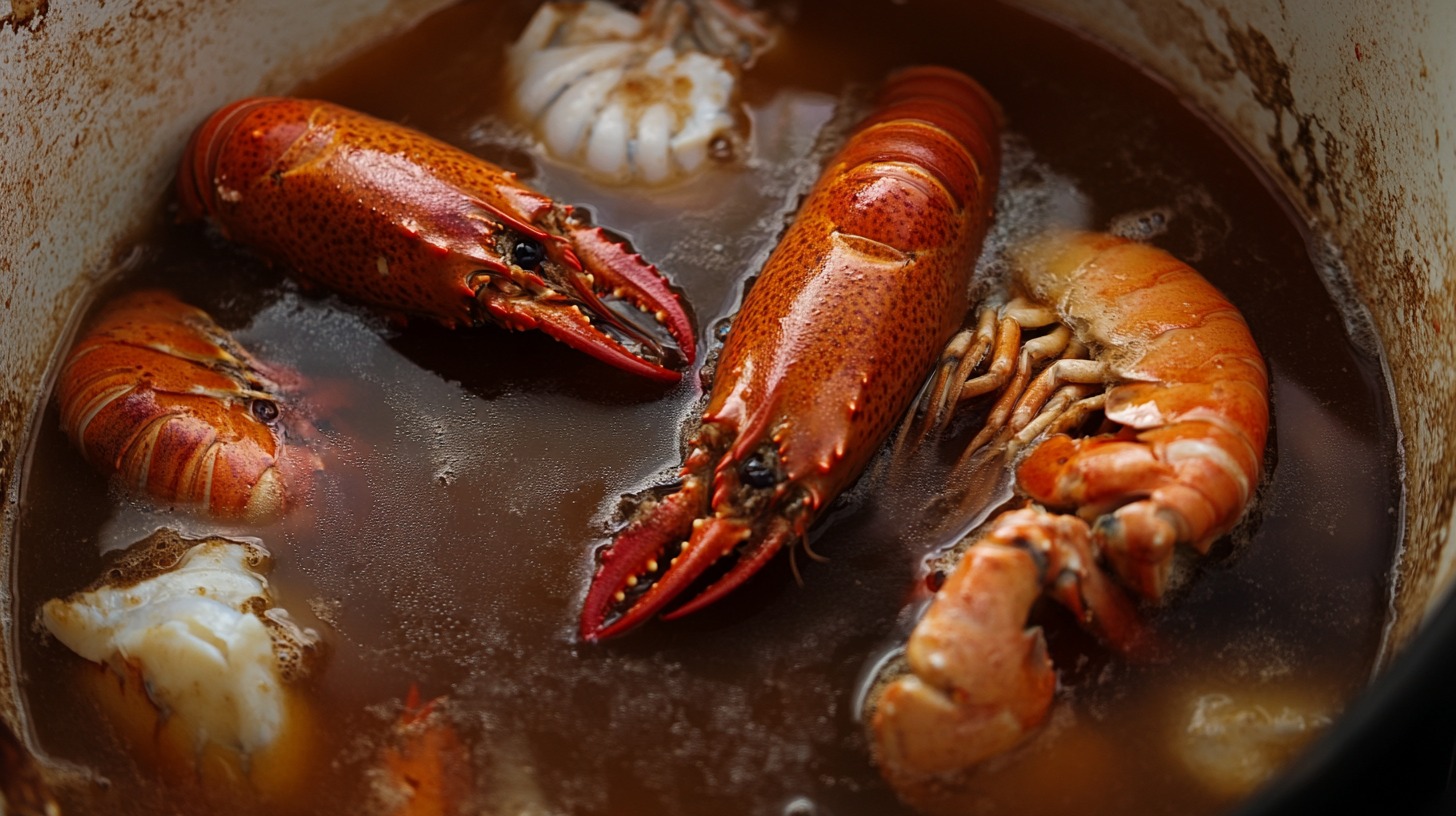 A close-up of lobsters and other seafood simmering in a pot of stock