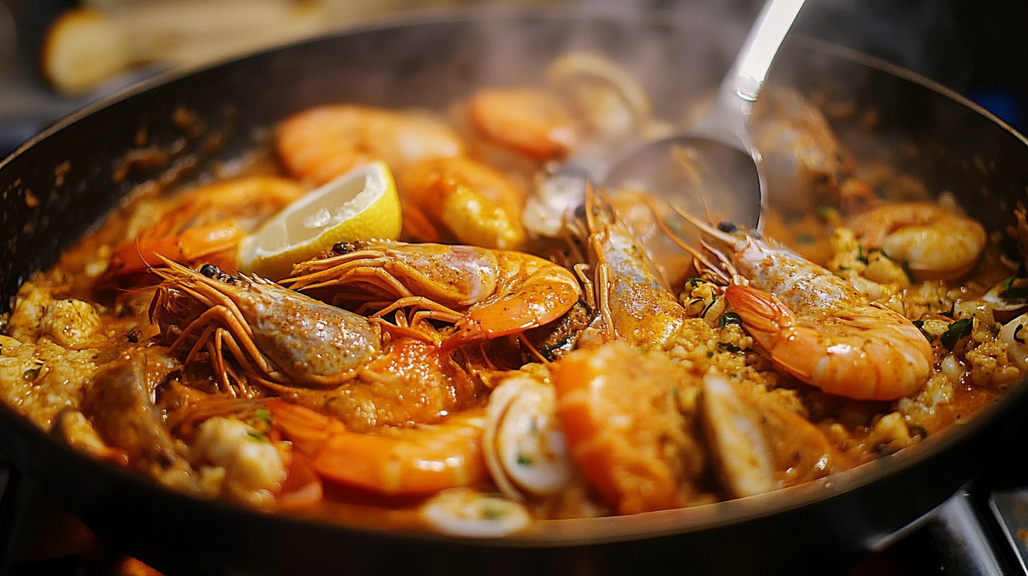 A steaming seafood boil in a pan with shrimp, clams, and a lemon wedge being stirred with a spoon