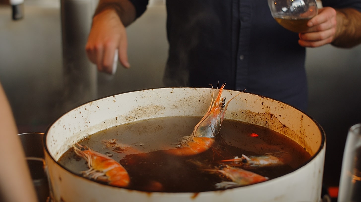 A large pot of seafood stock simmering with shrimp, with a person holding a glass of liquid in the background