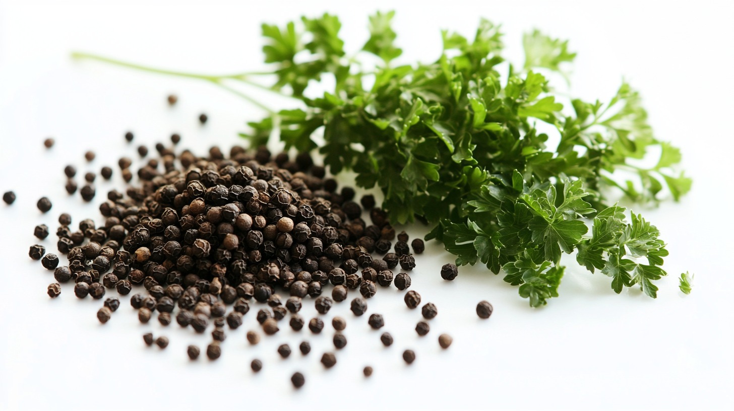 Fresh parsley sprigs and a heap of black peppercorns on a white surface