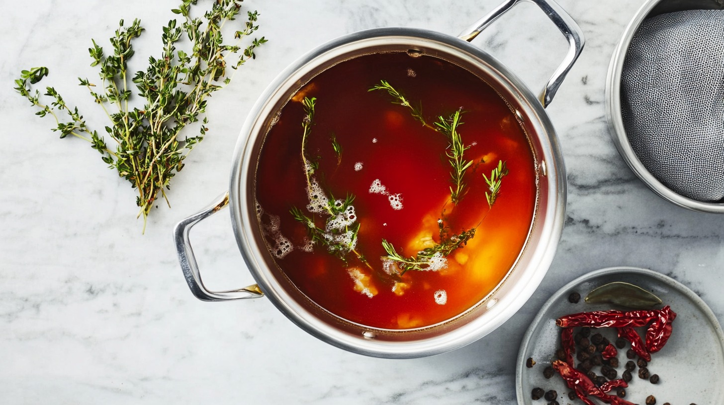 Pot of rich seafood stock with herbs like thyme and bay leaves on a marble countertop, surrounded by spices