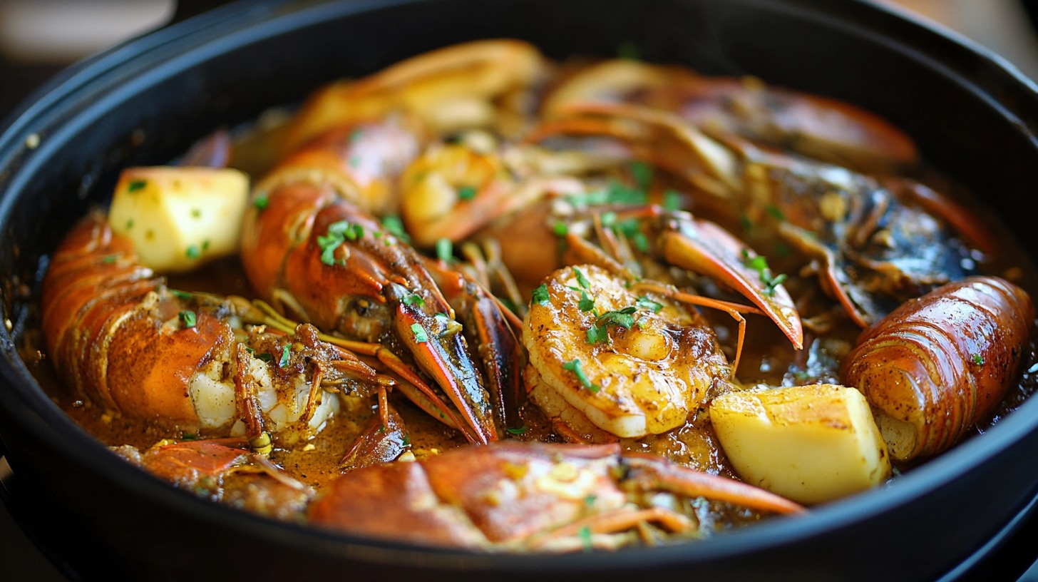 Close-up of a steamed seafood boil with shrimp, lobster, crab, and potatoes in a pot