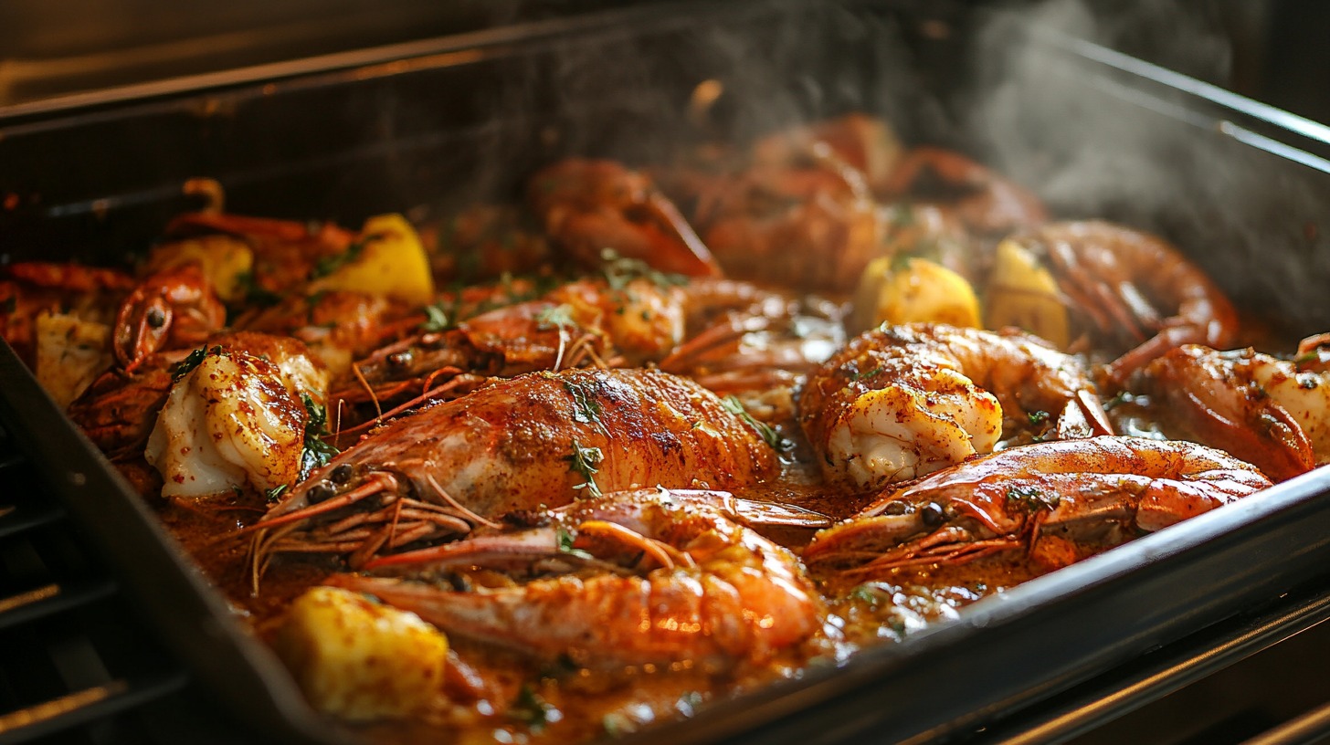 A tray of seafood boil with shrimp, crab, and potatoes steaming in the oven