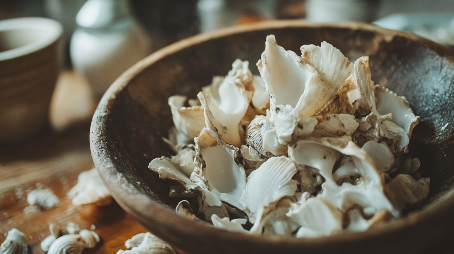 A rustic wooden bowl filled with toasted seafood shells on a wooden table