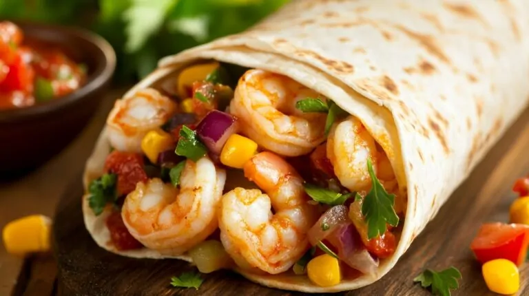 A shrimp burrito filled with seasoned shrimp, corn, diced vegetables, and herbs, resting on a wooden board