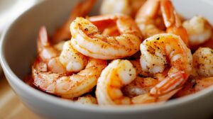 Close-up of seasoned shrimp in a bowl, showcasing vibrant orange hues and spices