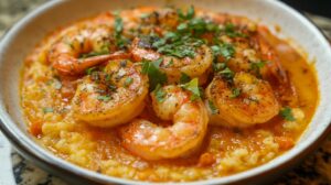 A close-up of shrimp cooked to perfection, served over seasoned grits with chopped cilantro as garnish