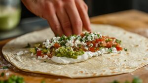 A hand assembling a shrimp burrito with guacamole, diced tomatoes, sour cream, and crumbled cheese on a tortilla