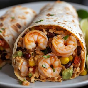 Close-up of a shrimp burrito filled with shrimp, beans, corn, avocado, and spices, wrapped in a toasted tortilla