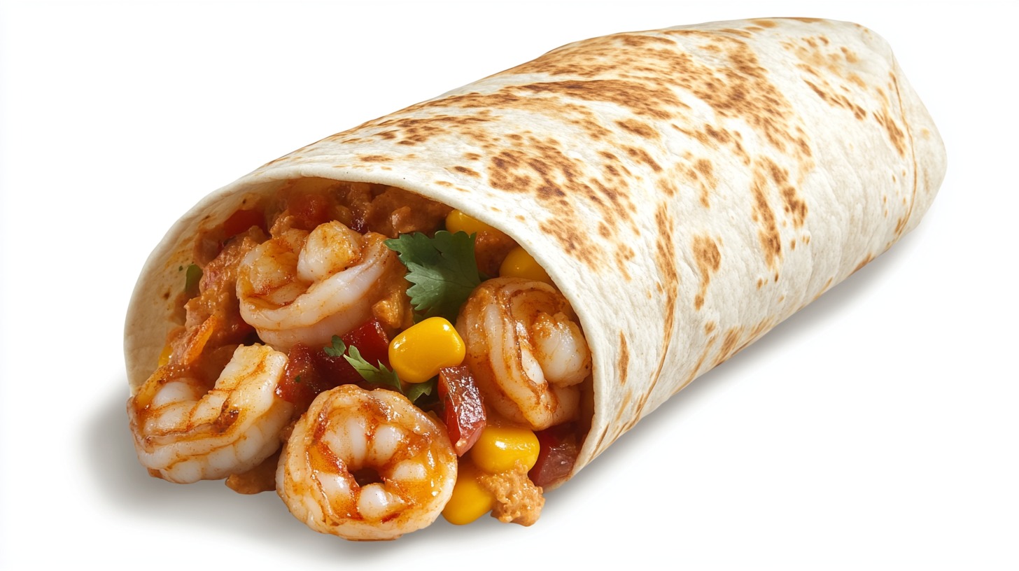 Close-up of a shrimp burrito featuring seasoned shrimp, corn, diced vegetables, and cilantro wrapped in a toasted tortilla